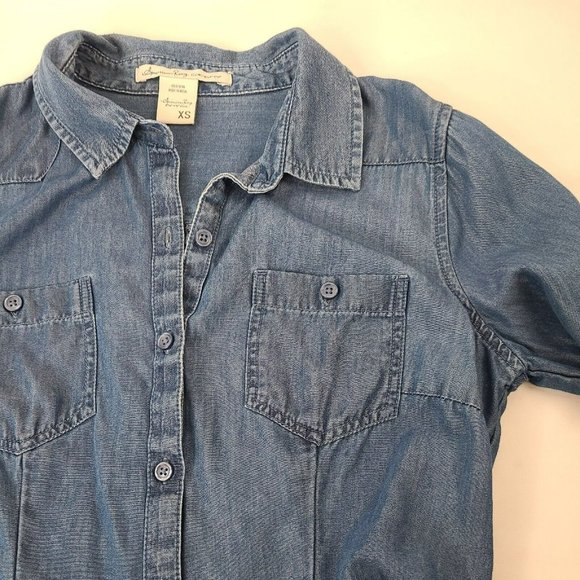 AMERICAN RAG Denim Button Up Shirt Women's XS Blouse Top Button Blue Frayed Edge - Picture 4 of 13